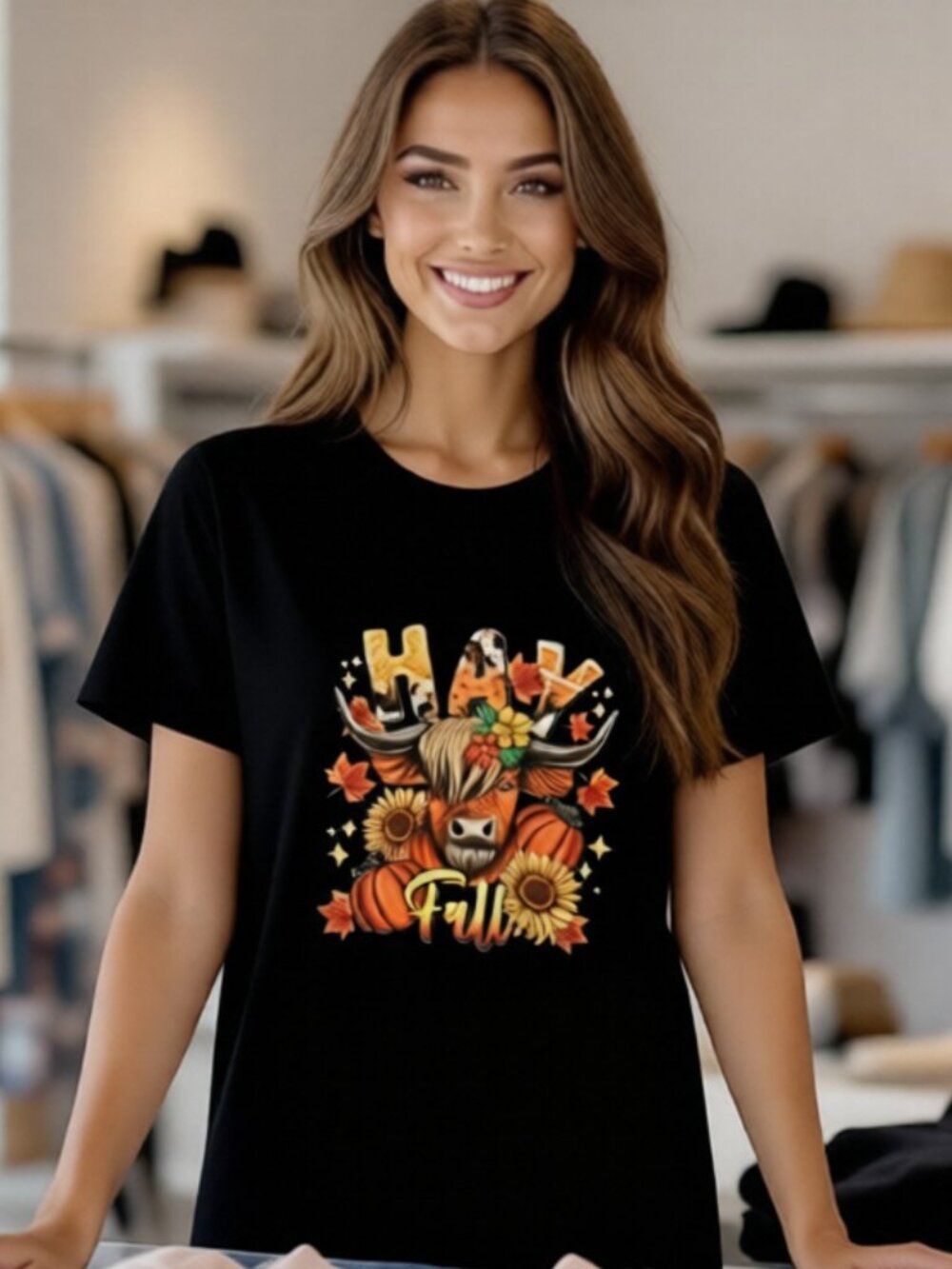 NWOT Black "Hay Fall" Highland Cow Graphic Short Sleeve Crewneck L T-shirt